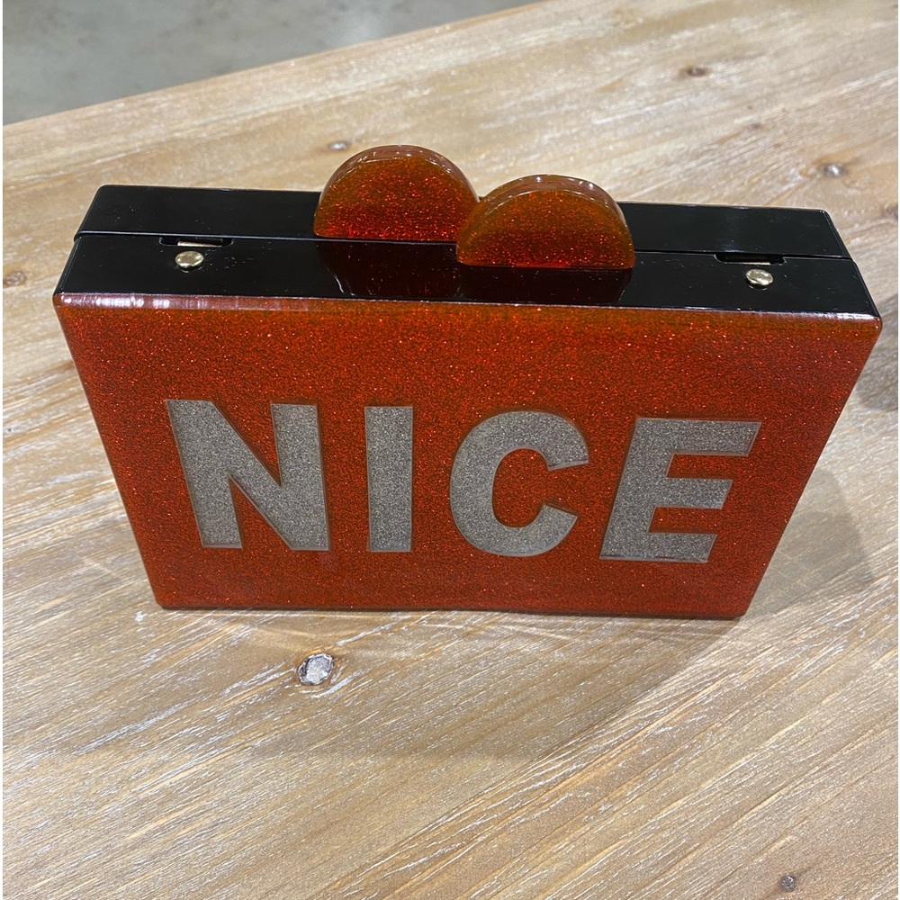 BARI LYNN NAUGHTY/NICE GLITTERED ACRYLIC BOX CLUTCH